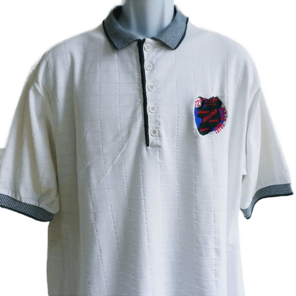 Vintage White Polo Irish Open Green Knit Collar Cuffs Textured Square Cotton XL